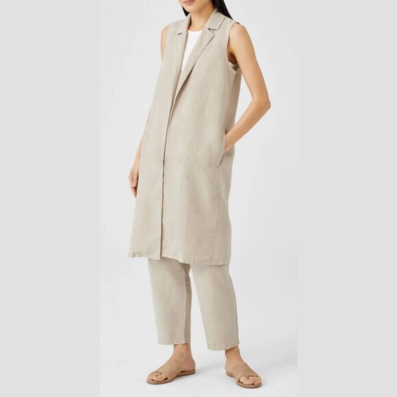 Eileen Fisher Long Vest Linen Tencel Khaki Tan Open Front Minimalist, Size XS - Picture 7 of 7